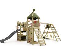 FATMOOSE Tour de jeu Château de chevalier RiverRun avec balançoire SurfSwing & toboggan, maison de jeu avec bac à sable, échelle & accessoires de jeu - anthracite / vert olive