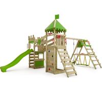 FATMOOSE Tour de jeu Château de chevalier RiverRun avec balançoire SurfSwing & toboggan, maison de jeu avec bac à sable, échelle & accessoires de jeu - vert pomme