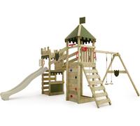 FATMOOSE Tour de jeu Château de chevalier RiverRun avec balançoire & toboggan, maison de jeu avec bac à sable, échelle & accessoires de jeu - vert sauge / vert olive
