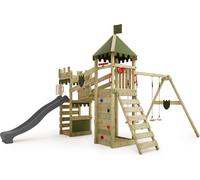 FATMOOSE Tour de jeu Château de chevalier RiverRun avec balançoire & toboggan, maison de jeu avec bac à sable, échelle & accessoires de jeu - anthracite / vert olive