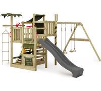 FATMOOSE Tour de jeu CrazyCoconut avec balançoire & toboggan, jeu de jardin avec échelle & accessoires de jeu - anthracite / vert olive