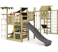 FATMOOSE Tour de jeu CrazyCoconut avec balançoire & toboggan, jeu de jardin avec tour, échelle & accessoires de jeu - anthracite / vert olive