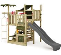 FATMOOSE Tour de jeu CrazyCoconut avec toboggan, jeu de jardin avec échelle & accessoires de jeu - anthracite / vert olive