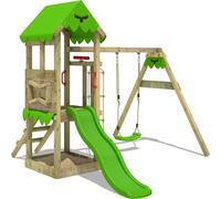 Fatmoose Tour de jeux FriendlyFrenzy avec balançoire & toboggan, tour à grimper avec bac à sable, échelle & accessoires de jeu - vert pomme