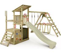 FATMOOSE Tour de jeux FruityForest avec balançoire Surfswing & toboggan, tour à grimper avec bac à sable, échelle & accessoires de jeu - vert sauge / vert olive