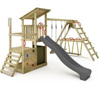 FATMOOSE Tour de jeux FruityForest avec balançoire Surfswing & toboggan, tour à grimper avec bac à sable, échelle & accessoires de jeu - anthracite / vert olive