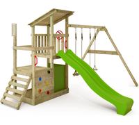 FATMOOSE Tour de jeux FruityForest avec balançoire & toboggan, tour à grimper avec bac à sable, échelle & accessoires de jeu - vert pomme