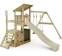 Aire de jeux en bois FruityForest avec balançoire et toboggan vert sauge