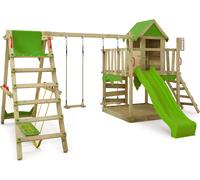 FATMOOSE Tour de jeux JazzyJungle avec balançoire SurfSwing & toboggan, maison de jeux avec bac à sable, échelle & accessoires de jeux - vert pomme