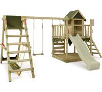 FATMOOSE Tour de jeux JazzyJungle avec balançoire SurfSwing & toboggan, maison de jeux avec bac à sable, échelle & accessoires de jeux - vert sauge / vert olive