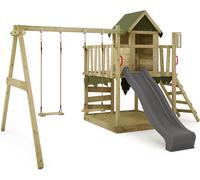 FATMOOSE Tour de jeux JazzyJungle avec balançoire & toboggan, maison de jeux avec bac à sable, échelle & accessoires de jeux - anthracite / vert olive