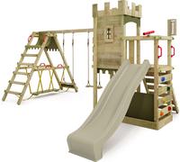 Fatmoose tour de jeux portique d'escalade BoldBaron avec annexe surf, balançoire double & toboggan - vert sauge / vert olive