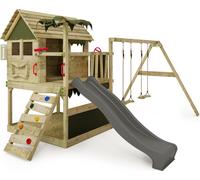 Fatmoose Tour de jeux Portique d'escalade TikaTaka avec balançoire double - anthracite / vert olive