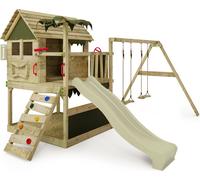 Fatmoose Tour de jeux Portique d'escalade TikaTaka avec balançoire double - vert sauge / vert olive