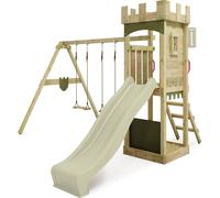 FATMOOSE Tour de jeux TreasureTower avec balançoire & toboggan, tour à grimper avec bac à sable, échelle & accessoires de jeu - vert sauge / vert olive