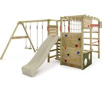FATMOOSE Tour d'escalade ActionArena avec balançoire & toboggan, jeu de jardin avec échelle & accessoires de jeu - vert sauge / vert olive