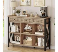 FATORRI Bibliothèque rustique à 6 cubes avec 3 tiroirs, longue bibliothèque horizontale avec rangement, étagère de rangement basse (chêne rustique, 119,4 cm)