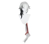 Fatui Arlecchino Perruque blanche mélangée noire avec frange Cheveux synthétiques longs queue de cheval pour cosplay de personnage de Comic-Con, très douce et lisse, facile à coiffer