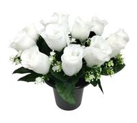 Faucet 12 roses blanches | 25 cm Pots de fleurs grave | Fleurs artificielles pour les tombes | Pour le cimetière et les décorations florales | Fleurs funéraires du cimetière de fleurs tombales |