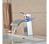 Faucet with for Basin Brass, Colour Changing LED Light Bathroom Waterfall Sink taps, Single Handle 1 Hole Hot and Cold Water Mixer