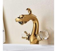 faucets Robinet de lavabo sur plage chromé ou doré poli, mitigeur eau chaude/eau froide, deux poignées en cristal, un trou, style rétro double(Gold)