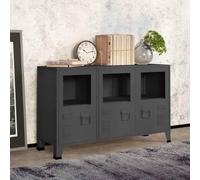 faucqel Buffet industriel, anthracite, métal et verre, 105 x 35 x 62 cm, avec fentes d'aération, porte-plaque nominative, pour salon, couloir, salle à manger, armoire d'appoint polyvalente