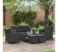 faucqel Lot de 6 canapés de jardin en polyrotin noir avec coussins, 2 places, canapés simples, ottomanes, table basse, meubles de balcon, meubles de salon, meubles de salon, terrasse, salon de jardin