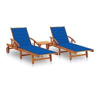 Faucqir Lot de 2 chaises longues avec table et coussins en bois d'acacia massif, résistants aux intempéries, réglables, avec roues, idéal pour jardin, terrasse, pont de piscine, confort et style pour
