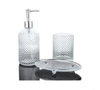 Fauhapyway Lot de 3 distributeurs de savon en verre pour salle de bain | Ensemble complet de 3 pièces, distributeur de savon, gobelet, porte-savon, garde le comptoir bien rangé, look rayé moderne