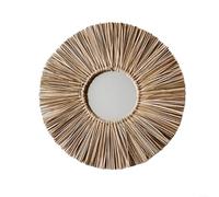 Fauhapyway Miroir mural rond décoratif avec bordure en corde de paille, cadre en perles en bois naturel, décoration bohème pour salon, salle de bain, chambre à coucher 40 cm