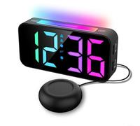 Fauhapyway Réveil LED RVB avec vibromasseur pour les dormeurs lourds, double alarme, 8 modes de couleur, répétition, niveaux de luminosité, noir (caractères colorés)