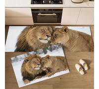 Faune Réaliste 2 Pièces Tapis de Cuisine, Antidérapant Absorbant,Brun Clair Tapis de Coureur, Lion des Neiges Affectueux Imprimé Paillasson Cuisine, 40x60+40x120cm