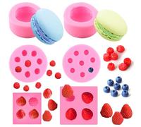 FAURAPMNG Lot de 6 moules 3D en silicone pour fondant - fraise, macaron, mûre, myrtille - Flexible, anti-adhésif - pour bougie, cire, bombe de bain, fondant, gelée