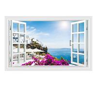 Fausse Fenêtre Tableaux de paysage de la mer Égée méditerranéenne,Impression Nature sur Toile,Image pour Salon Chambre Tableau Decoration Murale 70x115cm(28x46in) Sans cadre