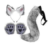 Fausse Fourrure Renard Oreilles de Chat Bandeau Queue Gants Ensemble - Mignon Chat Costume Fourrure Oreilles & Queue & Pattes Animal Costume Déguisement Halloween Noël Habillage