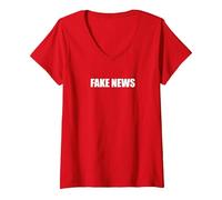 Fausses Nouvelles T-Shirt avec Col en V, Femme, Rouge, XL