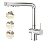 Faustina Robinet de cuisine 3 voies avec douchette extensible, mitigeur monocommande Robinet d'évier Robinet d'eau potable Cuisine pour osmose inverse et filtre à eau en acier inoxydable brossé