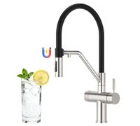 Faustina Robinet de cuisine 4 voies amovible à double levier Robinet de cuisine avec eau potable et eau gazeuse Robinet d'évier en acier inoxydable avec tuyau souple en silicone noir flexible