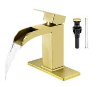 Faustina Robinet de salle de bain cascade doré brossé 1 trou poignée unique, robinet de salle de bain à bec large ouvert avec drain pop-up, robinet d'évier utilitaire en acier inoxydable pour