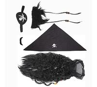 Faute Barbe de Pirate Noir Réaliste pour Halloween - Auto-adhésif et Réutilisable, avec la Moustache, la Perruque et le Foulard pour les Adultes Enfants Costumes de Fête