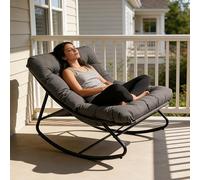Fauteuil à Bascule avec Coussin, Chaise a Bascule d'Intérieur et d'Extérieur, Rocking Chair avec Repose-Pieds, Chaise Papasan, Cadre en Métal, Capacité 150 kg, pour Jardin Patio Salon Balcon (Gris)
