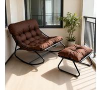Fauteuil à Bascule avec Coussin, Chaise a Bascule d'Intérieur et d'Extérieur, Rocking Chair avec Repose-Pieds, Chaise Papasan, Cadre en Métal, Capacité 150 kg, pour Jardin Patio Salon Balcon (Marron)