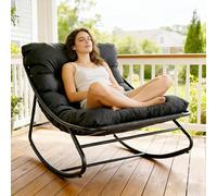 Fauteuil à Bascule avec Coussin, Chaise a Bascule d'Intérieur et d'Extérieur, Rocking Chair avec Repose-Pieds, Chaise Papasan, Cadre en Métal, Capacité 150 kg, pour Jardin Patio Salon Balcon