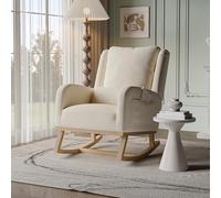 Fauteuil à bascule avec Poche Latérale, Chaise à Bascule Rembourrée avec Dossier, fauteuil rocking chair allaitement en Lin, Fauteuil de Lecture avec Cadre en Bois, pour Salon, Chambre (Beige-a, D)