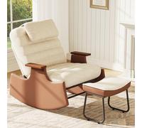 Fauteuil à bascule avec repose-pieds,Fauteuil de Relaxation avec Appui-tête fauteuil à bascule en bois d'hévéa avec dossier réglable,dossier réglable en 3 positions 51x81x81 Laine d'agneau(Beige-4,B)