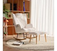 Fauteuil à Bascule avec Repose-Pieds, Rocking Chair Relax, Chaise à Bascule avce Appuie-Tête, Poches Latérales Et Repose-Pieds, pour Salon, Jardin Extérieur ou Chambre (Peluche Teddy, Blanc-B)