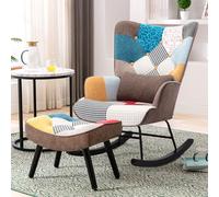 Fauteuil à Bascule avec Tabouret Patchwork avec Structure en métal et Base en Bois Fauteuil à Bascule scandinave Fauteuil rétro Salon Chaise de Relaxation Fauteuil rembourré pour Chambre hôtel Marron