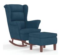 Fauteuil à bascule avec tabouret, velours et bois massif, bleu, 78 x 93 x 97 cm