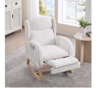 Fauteuil à bascule blanc en tissu Teddy avec structure en bois dossier haut repose-pieds escamotable et poche