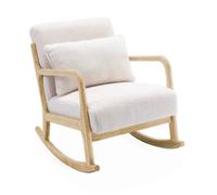 Fauteuil à bascule design en bois et tissu. bouclettes blanches. 1 place. rocking chair scandinave